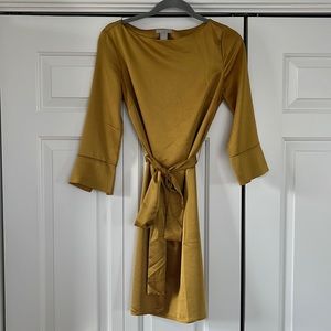 Mustard, satin, boat neck dress